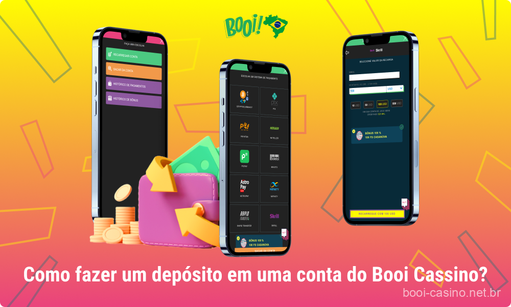 Para fazer um depósito em uma conta do Booi Casino, os jogadores do Brasil precisam fazer login em suas contas e preencher os detalhes de seus perfis, depois selecionar o sistema de pagamento apropriado e inserir o valor do pagamento