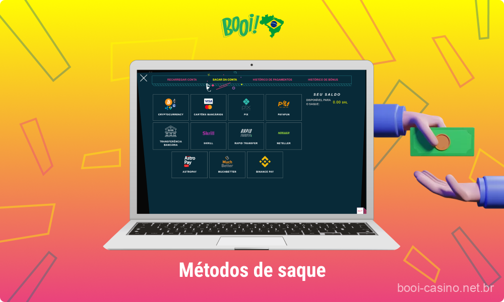 No Booi Casino, os jogadores podem escolher entre várias formas rápidas e seguras de sacar seus ganhos