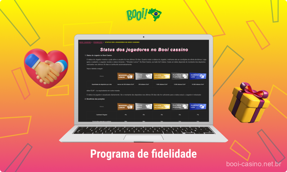 O programa de fidelidade do Booi Casino Brasil oferece diferentes status aos jogadores que dependem do valor total dos depósitos, permitindo que os usuários ganhem recompensas e privilégios exclusivos à medida que o nível aumenta
