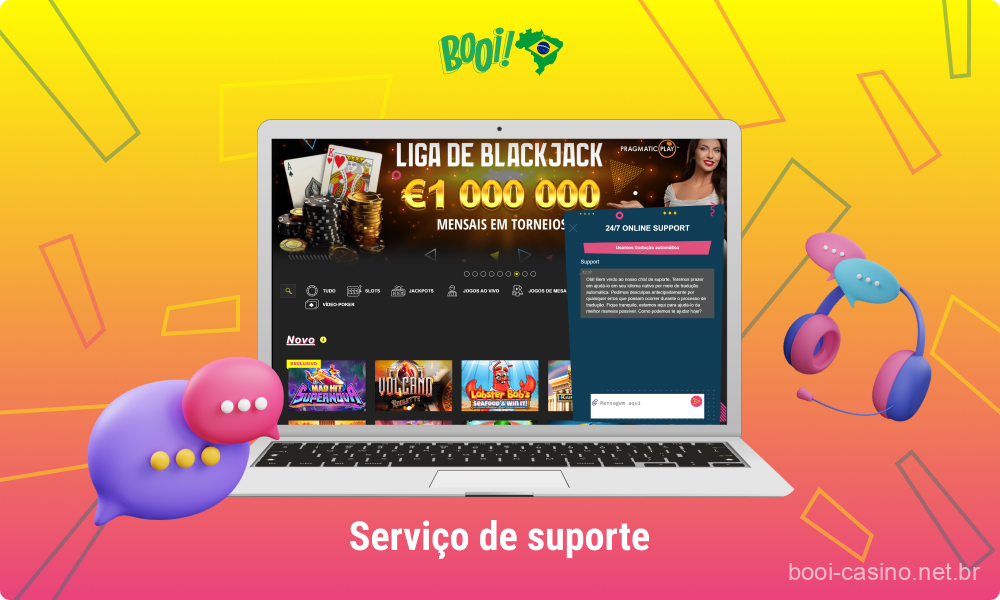 O serviço de suporte do Booi Casino oferece assistência aos usuários no Brasil com cadastro, resolução de problemas com o site, além de aconselhamento sobre condições de bônus e outros assuntos, trabalhando 24 horas por dia para garantir o conforto dos jogadores